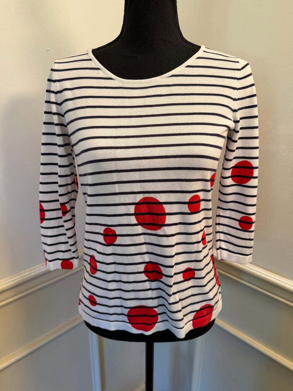 Alison Sheri Striped Knit Top with Red Polka Dots 3/4 Sleeve Art to Wear